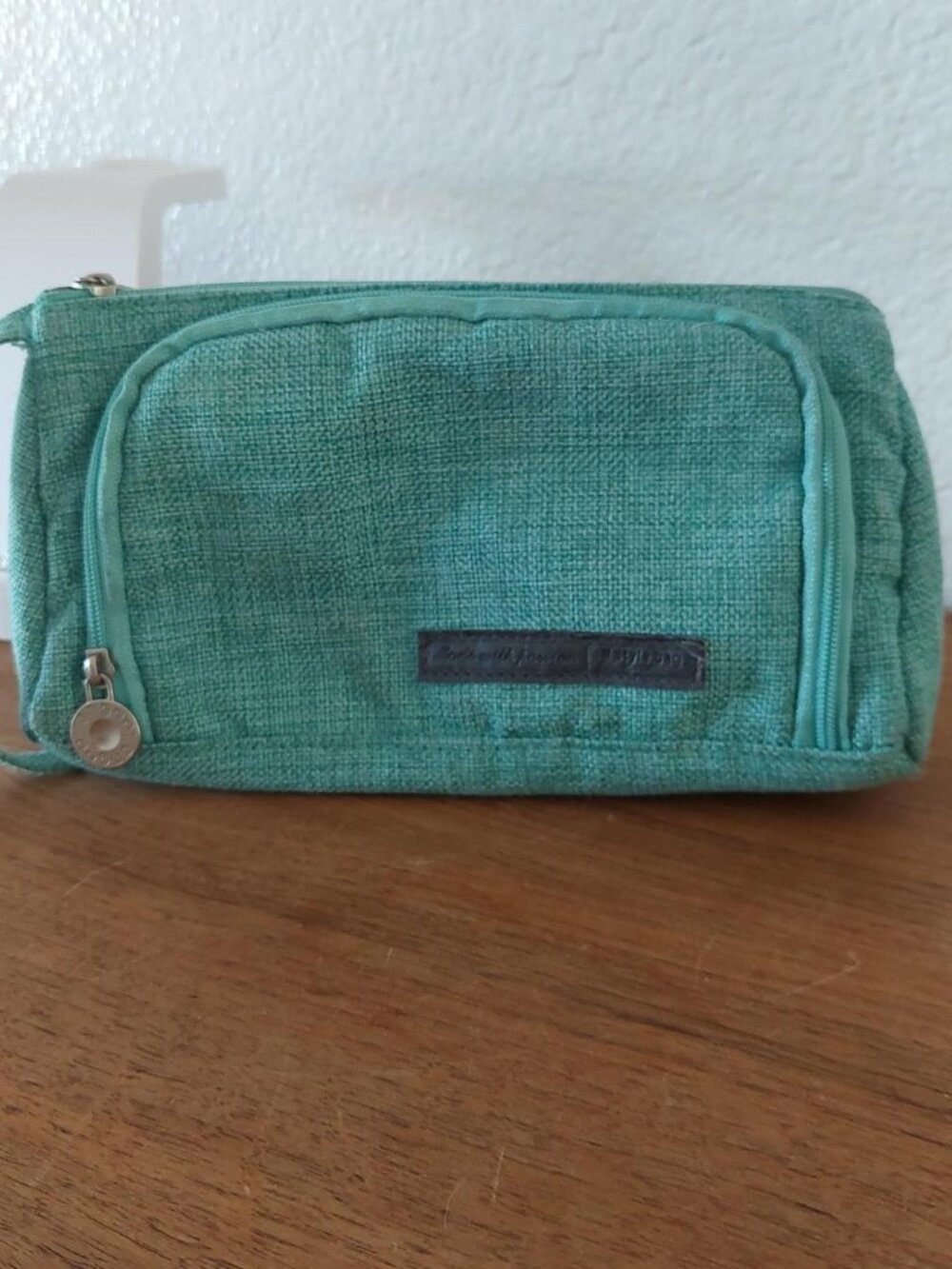 Teal green travel toiletry bag with textured fabric #travel #toiletries pencil c